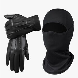 🔥Winter Balaclava Full Face Mask & PU Black Thinsulate Leather Gloves Sz L-NWT